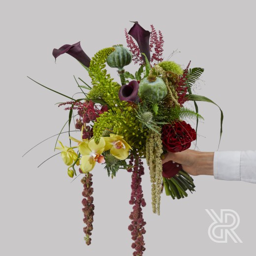Wedding 018 Букет с лентами с орхидеей и пионовидной розой